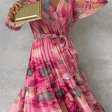 Ámbar - Vestido Maxi Envolvente con Estampado Floral y Mangas Largas