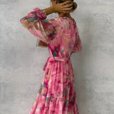 Ámbar - Vestido Maxi Envolvente con Estampado Floral y Mangas Largas