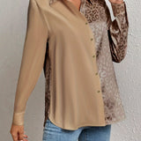 Gwendolyn - Camisa Button-Up en Satén Bicolor con Estampado de Leopardo