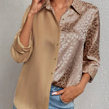 Gwendolyn - Camisa Button-Up en Satén Bicolor con Estampado de Leopardo