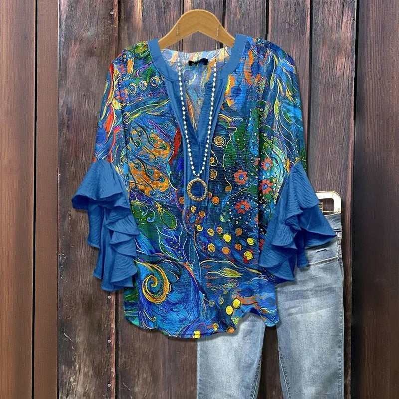 Eden™ - BLUSA VINTAGE CON ESTAMPADO ASTRAL Y DISEÑO ELEGANTE