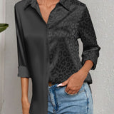 Gwendolyn - Camisa Button-Up en Satén Bicolor con Estampado de Leopardo