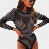Antonella Body de Malla Transparente con Mangas Largas y Brillos