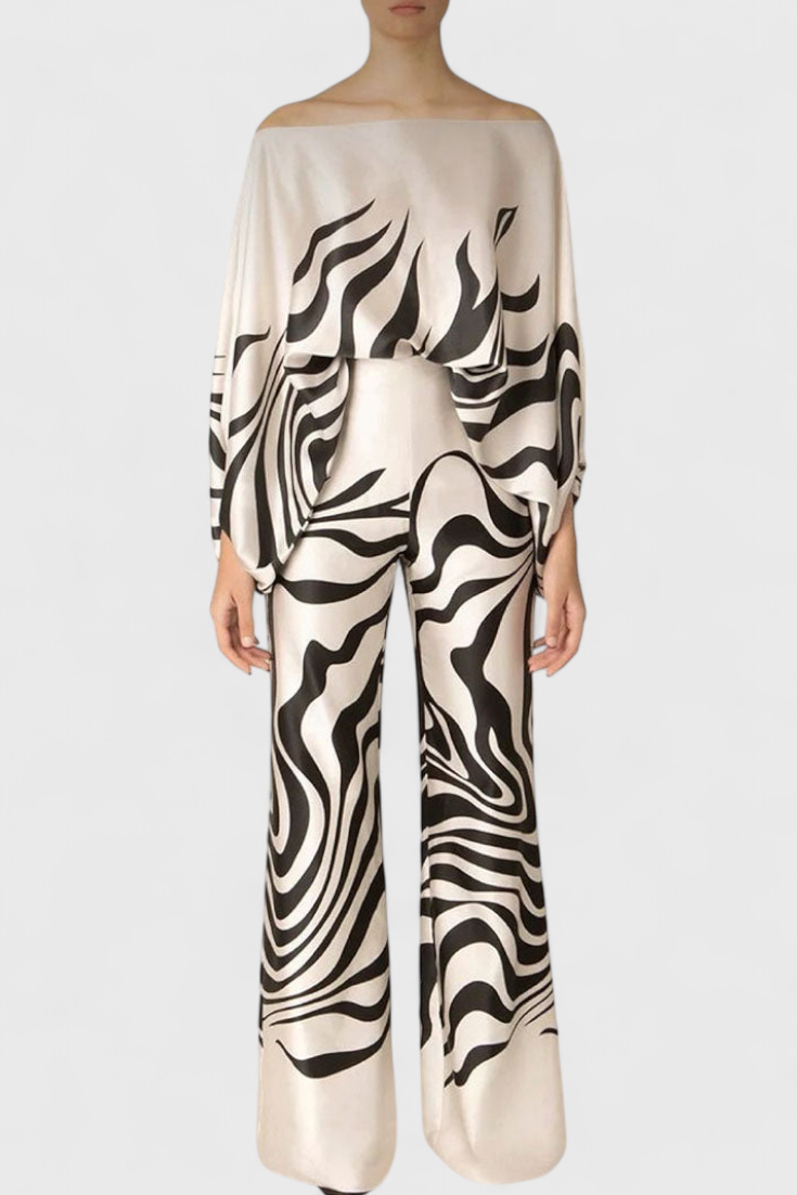 Sybella Conjunto Estampado de Dos Piezas con Pantalones de Pierna Ancha