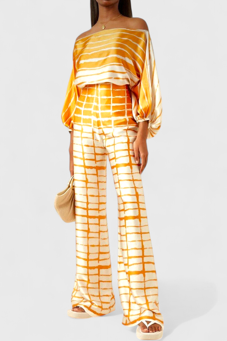 Sybella Conjunto Estampado de Dos Piezas con Pantalones de Pierna Ancha