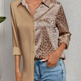 Gwendolyn - Camisa Button-Up en Satén Bicolor con Estampado de Leopardo