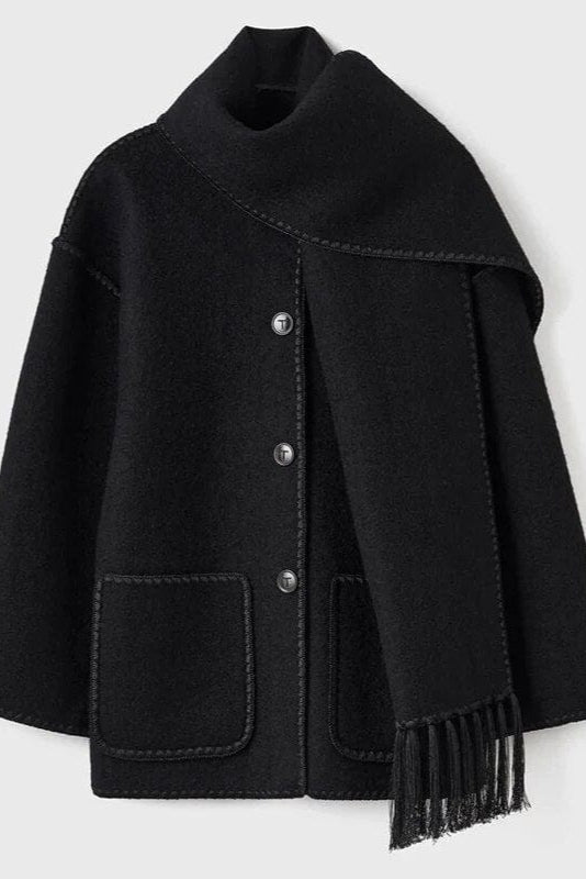 Abrigo con Bufanda de Flecos en Color Ciervo