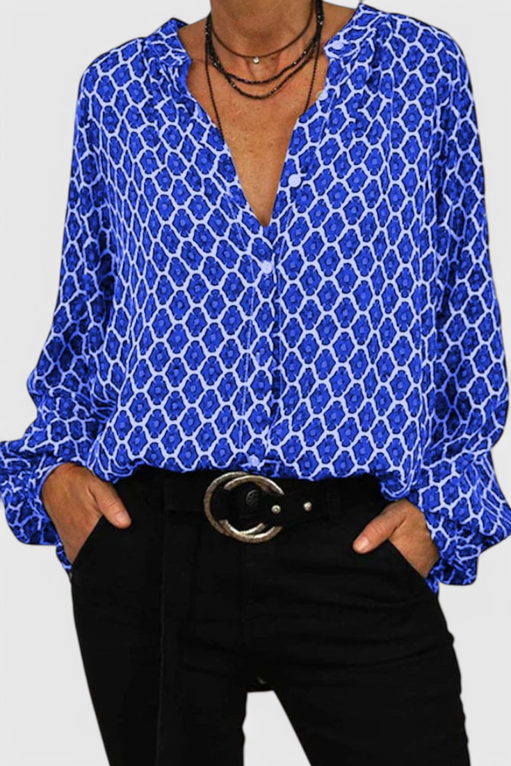 Jemima Blusa de Botones con Estampado Geométrico