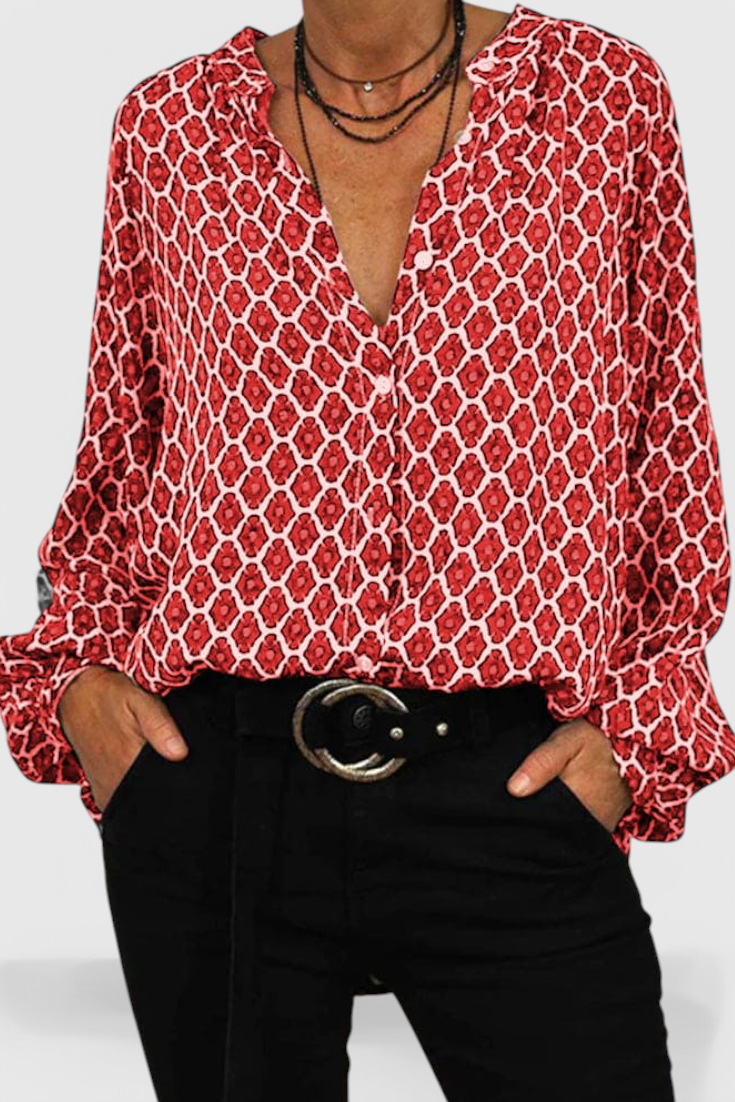 Jemima Blusa de Botones con Estampado Geométrico